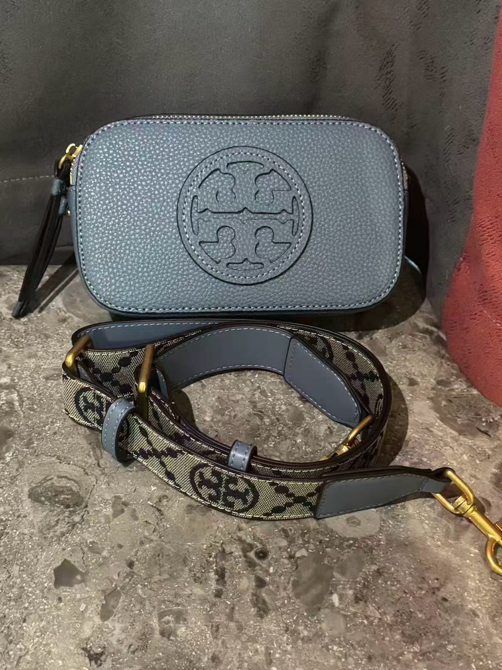 Blue Pebbled Leather Camera Crossbody with Patterned Strap